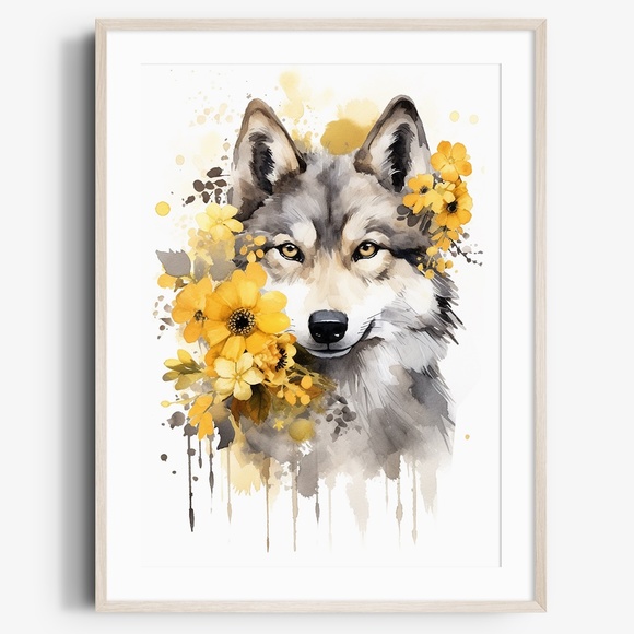 Other - Watercolor Floral Wolf Portrait Wall Art Illustration Print Poster Unframed